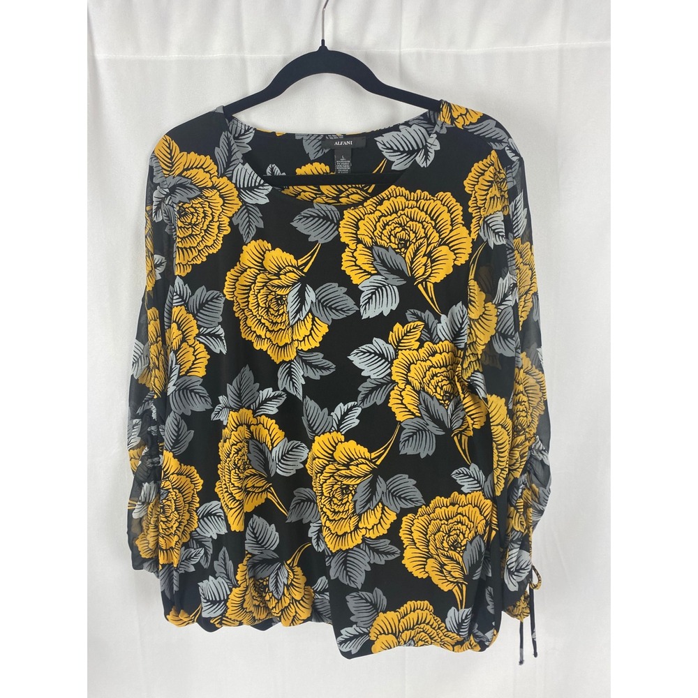 Alfani Black Floral Print‎ Long Sleeve Gathered Sleeve Blouse Top Womens Size L